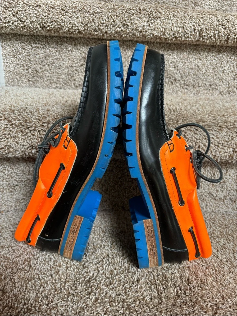 DSQUARED2 Black, Orange and Blue Leather Men’s Boat Shoes